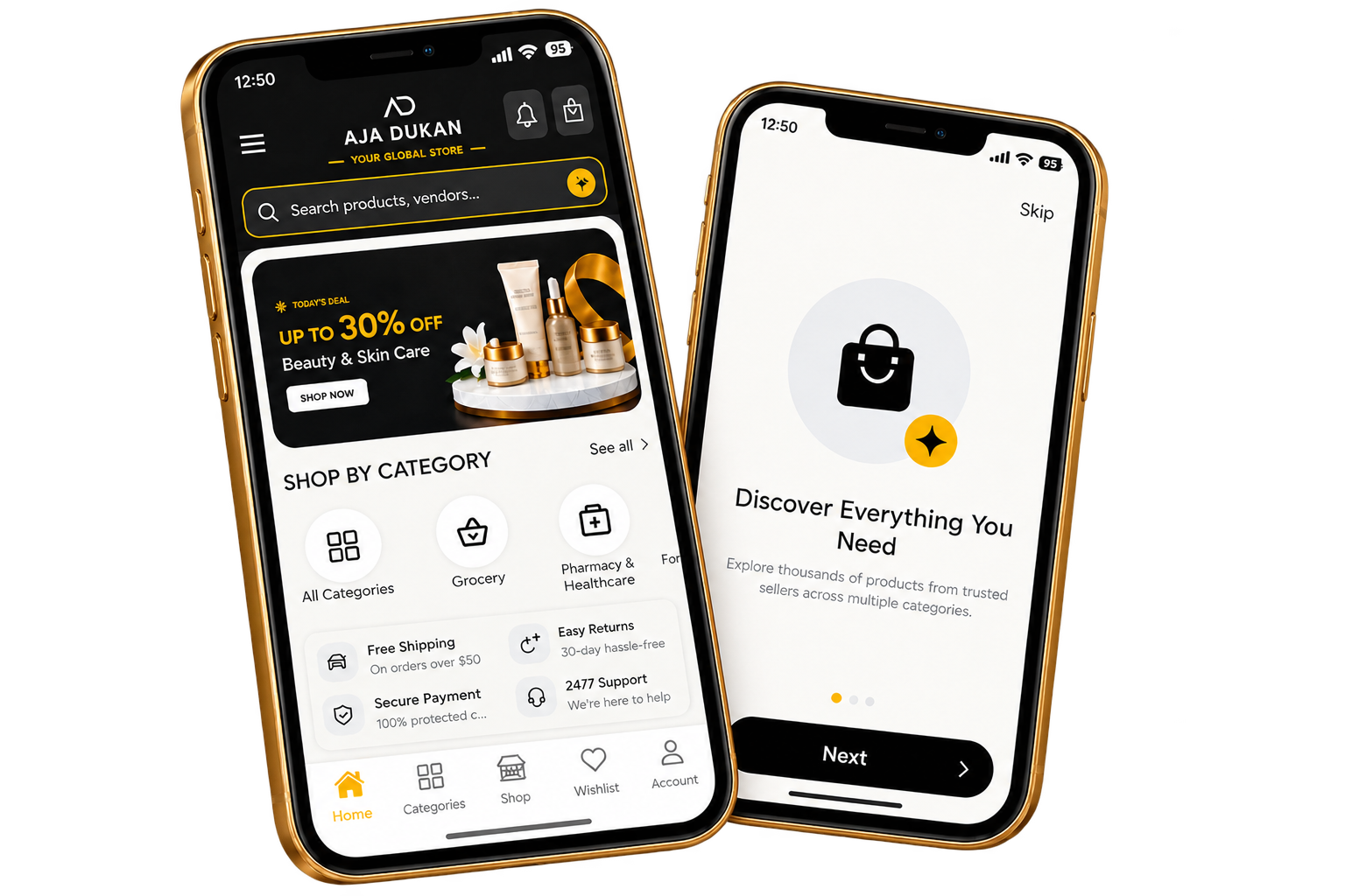 AJA Dukan app home and onboarding screens