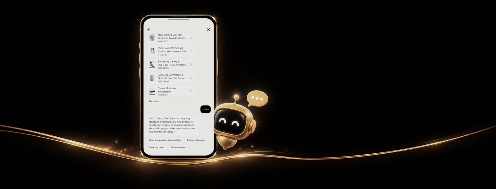 Gem, AJA Dukan's AI shopping assistant, chatting on a gold-framed phone