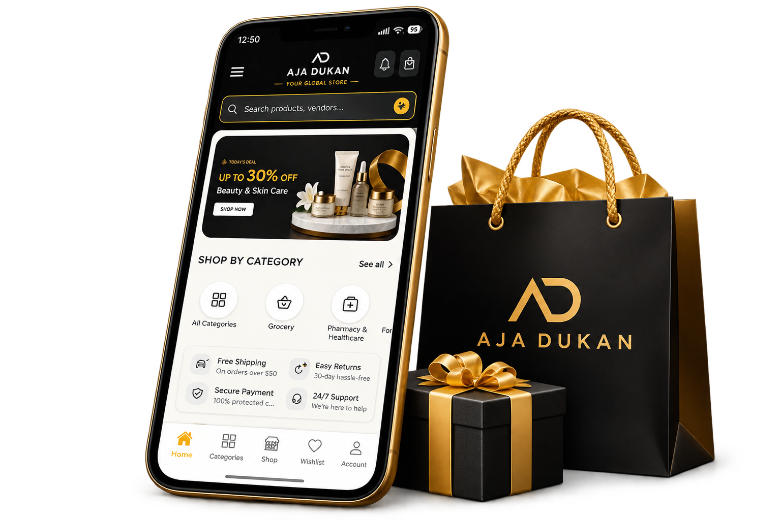 AJA Dukan app on a phone, next to a branded gift bag and box